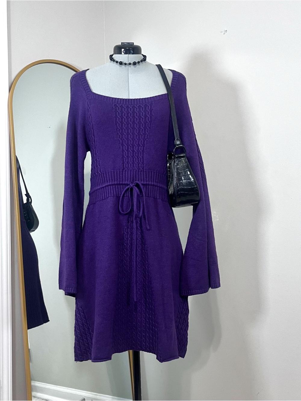 K. Jordan Purple Knit Tie-Waist Sweater Dress With Bell Sleeves